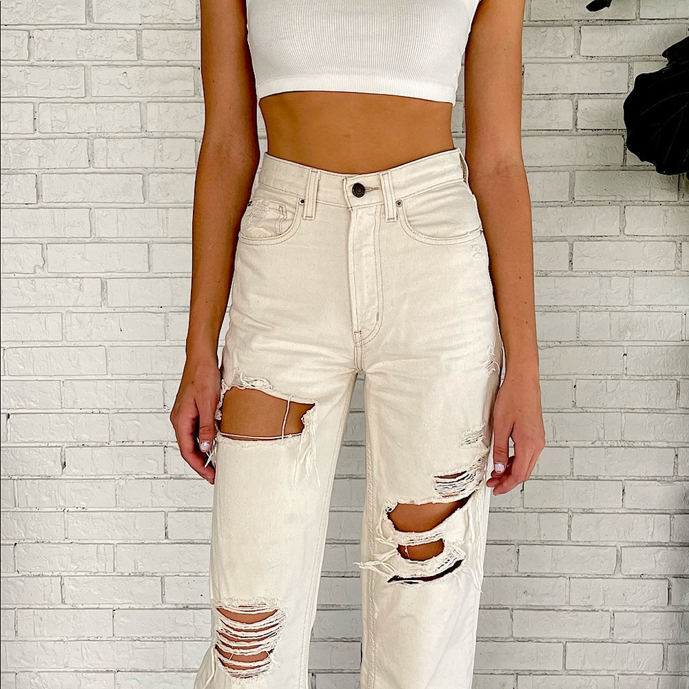 BDG distressed tan wide-leg pants long white Urban Outfitters high-waisted